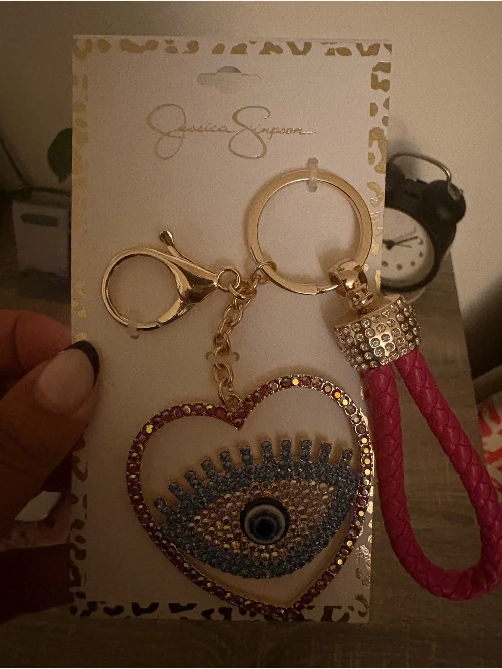 Jessica Simpson Hot Pink Braided Heart Evil Eye Keyring with Gold Hardware